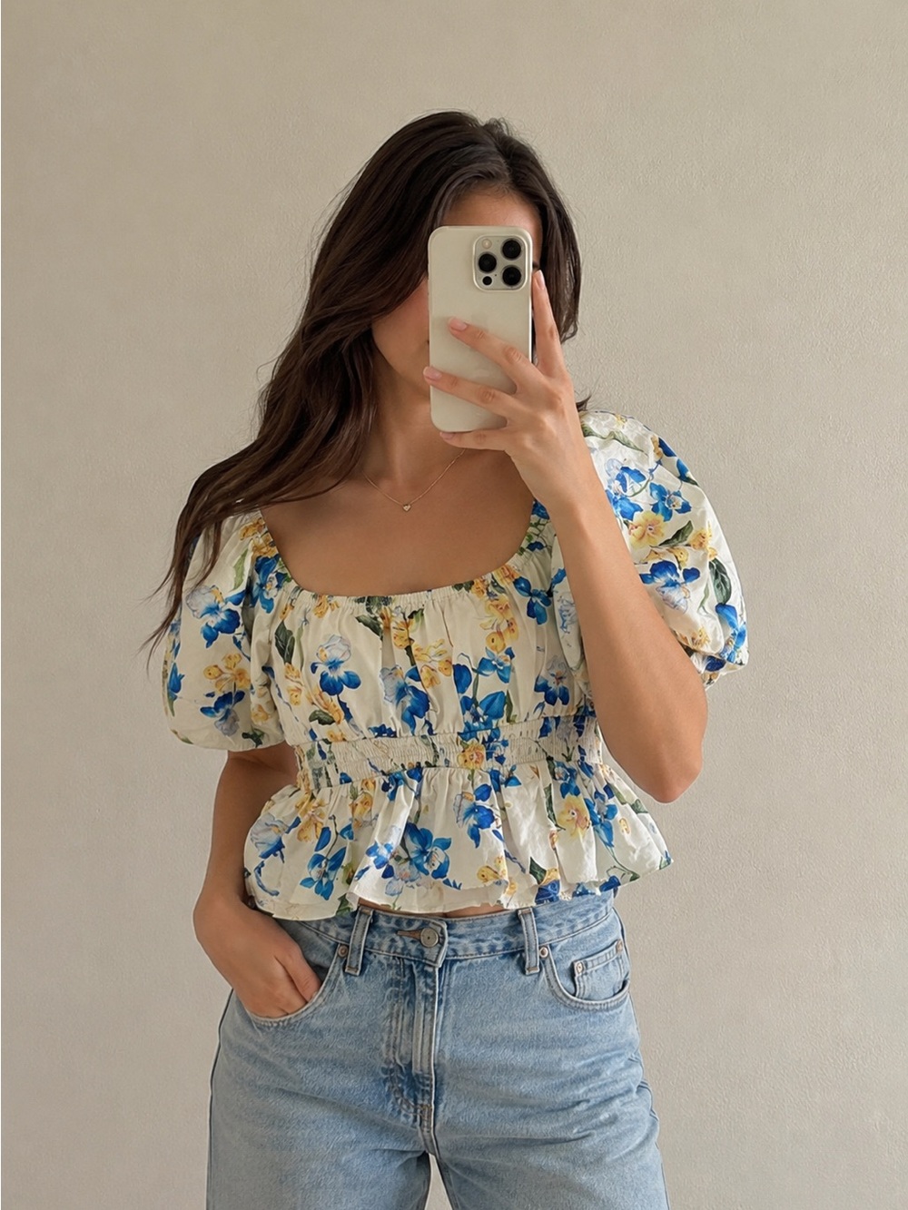 Express Floral Puff-Sleeve Crop Top - Blue & White